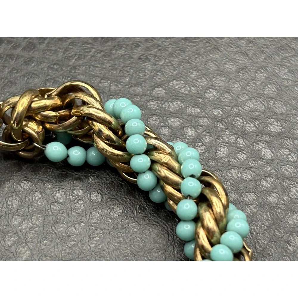 Vintage Faux Turquoise Blue Beads Thick Wide Rope Chain Bracelet Twisted 8.5